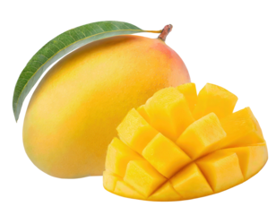 Fresh mango with vibrant yellow flesh and green leaf, isolated on transparent or white background.