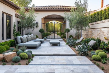 Obraz premium High-Quality Photo of Elegant Patio Area in Alission Bur Coley Style, Featuring Lush Greenery, Desert Plants, and Comfortable Seating