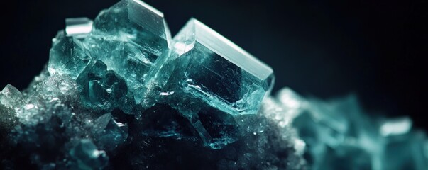 Close up shot detailed aquamarine crystal mineral stone. shiny surface of precious stone mineral crystals in the natural environment