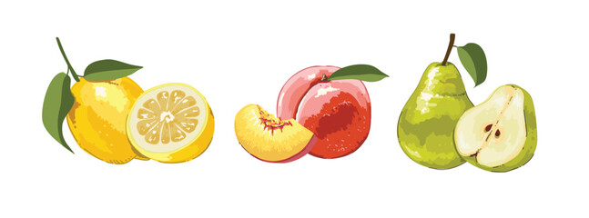 Fruit in Hand-drawn style set ,Lemon, Peach, Pear. Drawing of food elements for design menu label packaging . icons vector illustration