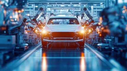 Industrial robots assembling a futuristic car in a high-tech factory, Production Innovation, technological advancement in manufacturing