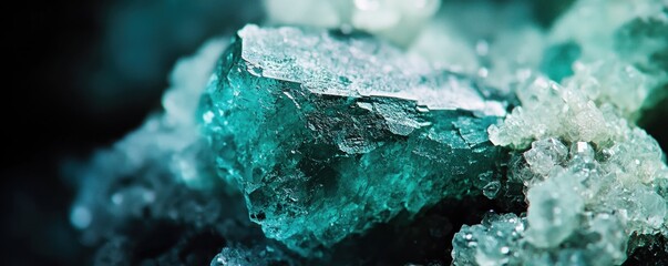 Close up shot detailed aquamarine crystal mineral stone. shiny surface of precious stone mineral crystals in the natural environment
