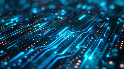 Obraz premium Abstract digital network circuit board background banner with glowing light and connecting data dots in blue and black colors. Big data technology concept. 