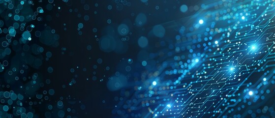 Abstract digital network circuit board background banner with glowing light and connecting data dots in blue and black colors. Big data technology concept. 
