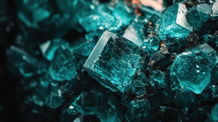 Close up shot detailed aquamarine crystal mineral stone. shiny surface of precious stone mineral crystals in the natural environment