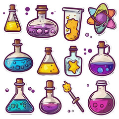 Colorful School Element Stickers Featuring Science Lab Equipment and Chemistry Icons for Educational Use