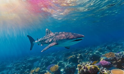 Fototapeta premium Whale Shark swimming over a tropical coral reef, Generative AI