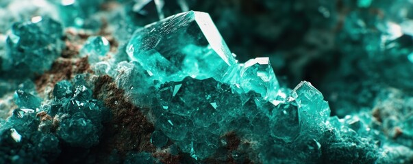 Close up shot detailed aquamarine crystal mineral stone. shiny surface of precious stone mineral crystals in the natural environment