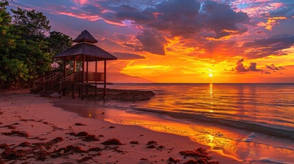 A serene beach with a small