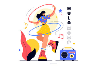 Hula Hoop Vector Illustration with People Exercising and Playing Hula Hoops, Engaged in Fitness Training Activities in a Flat Style Cartoon Background