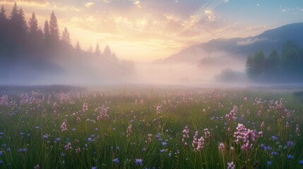 Obraz premium morning mist hovering grassy meadow with soft light dawn illuminating scene