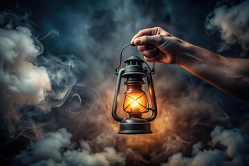 Obraz premium hand hold light lantern on dark spooky background with smoke
