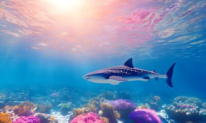 Fototapeta premium Whale Shark swimming over a tropical coral reef, Generative AI