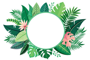 Circular Frame of Tropical Leaves and Flowers