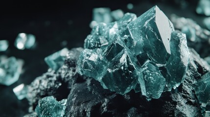 Obraz premium Close up shot detailed aquamarine crystal mineral stone. shiny surface of precious stone mineral crystals in the natural environment