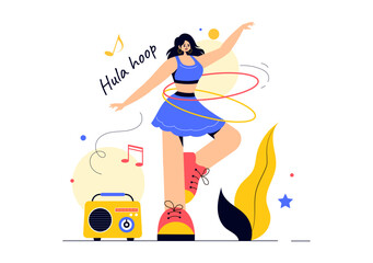 Hula Hoop Vector Illustration with People Exercising and Playing Hula Hoops, Engaged in Fitness Training Activities in a Flat Style Cartoon Background
