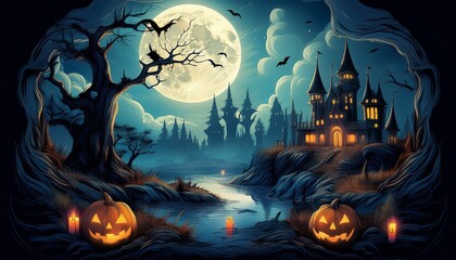 ハロウィーンの月夜と古城