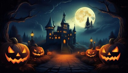 ハロウィーンの夜の古城へ続く道