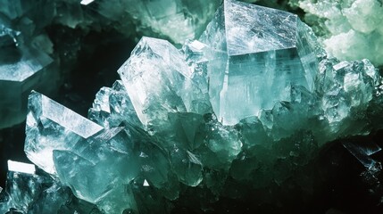 Close up shot detailed aquamarine crystal mineral stone. shiny surface of precious stone mineral crystals in the natural environment