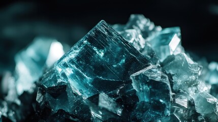 Close up shot detailed aquamarine crystal mineral stone. shiny surface of precious stone mineral crystals in the natural environment