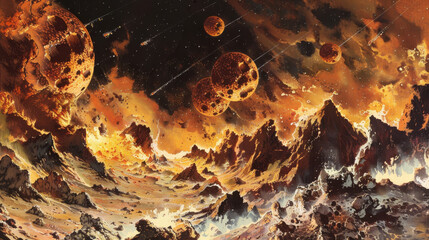 Astrogeology: Illustration of planetary geology, with features like volcanoes, mountains, and impact craters shaping the surfaces of worlds. 