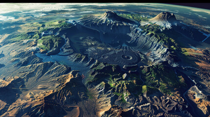 Astrogeology: Illustration of planetary geology, with features like volcanoes, mountains, and impact craters shaping the surfaces of worlds. 