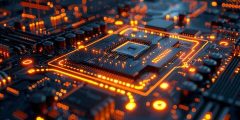 Abstract Technology Background Featuring a Computer Motherboard, Ideal for Describing Technological Processes in Science and Education, Rendered in 3D for Dynamic Digital Wallpapers