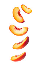 Falling peach slices isolated on white background, full depth of field, transparent png background