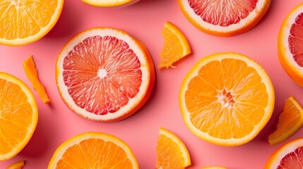 An assortment of vibrant orange and grapefruit slices arranged on a bright pink surface, highlighting fresh and juicy textures.