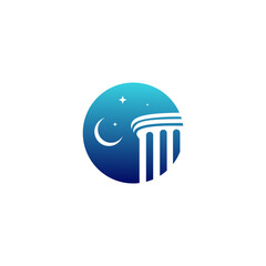 greek roman pillar column logo in circle frame shape decorated with crescent moon and stars in blue color gradation flat vector design concept