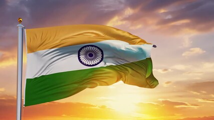 Indian flag flutters against bright blue sky. Patriotic tricolor background. India symbol waves proudly. Tall flagpole. Patriotism and national pride concept. Great sign.