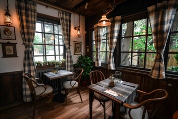 Fototapeta premium A rustic vintage café with a cozy corner, offering friendly service and nostalgic decor.