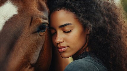 Young Woman with Curly Hair Embracing Brown Horse in a Serene Natural Setting