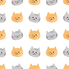 Seamless cute pattern with gray and ginger cats heads. Kids pattern isolated on changeable white background for printing on wrapper paper, fabric. Flat style ornament in square format. Nice animals.