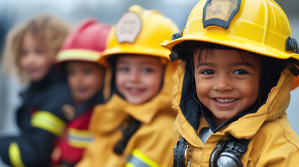 Fototapeta premium Future Heroes: A line of smiling children dressed as firefighters, radiating joy and aspiration in their safety gear. 