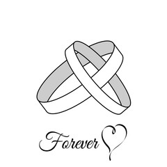 Wedding rings pair in white and gray colors with outline. Lettering forever with hand drawn heart. Isolated on white background. Wedding symbols. Wedding clip art elements.