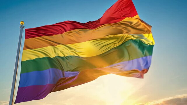Waving colorful rainbow flag, sky background. Gay pride parade. Lgbt community concept. Symbol of lgbtq love. People diversity and equality. Stop anti hemophobia and discrimination.