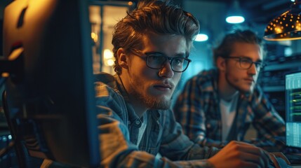 Obraz premium Two young software engineers using a desktop computer to develop a technological project in a high-tech industrial office.