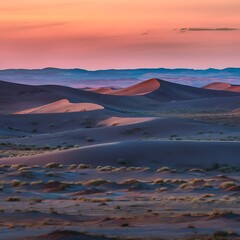 A vast desert at sunset, with rolling dunes casting long shadows and bathed in warm hues of orange and pink, sparse vegetationdotting the landscape, and a distant, colorful horizon blending 