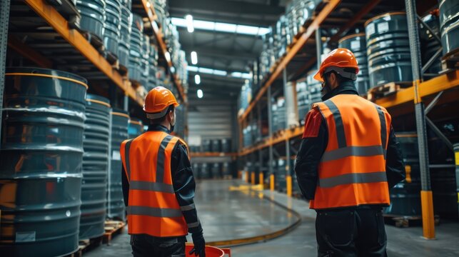Factory workers, wearing protective helmets and vests, verifying the safety standards of hazardous chemical barrels in a warehouse. - Powered by Adobe