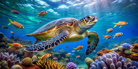 Obraz premium A big turtle swimming underwater sea