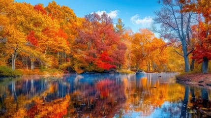 tranquil pond surrounded by trees ablaze with fall colors offering reflective oasis leafy season