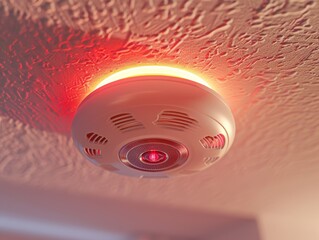 A modern smoke detector with a red light indicator, mounted on the ceiling, ensuring home safety and fire prevention.
