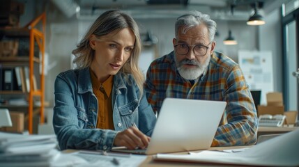 Fototapeta premium A skilled architect collaborating with an engineer team, analyzing construction data on a laptop in a modern office environment.