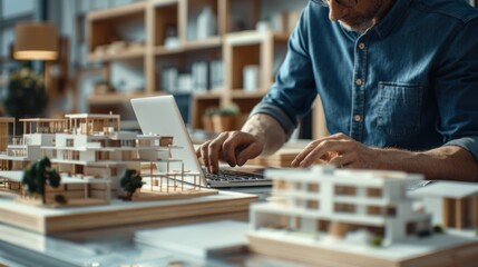Architect and engineers analyzing building construction data on a laptop, surrounded by architectural models in a stylish office