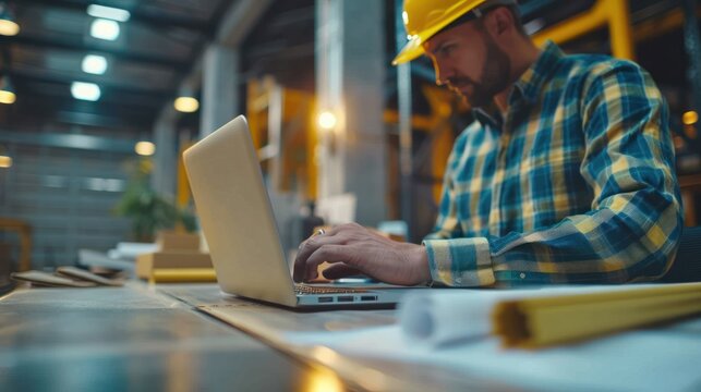 Architect and engineers collaborating on a laptop, reviewing construction blueprints in a sleek, contemporary office setting