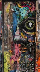 Fototapeta premium Abstract Graffiti Art on a Wooden Door.