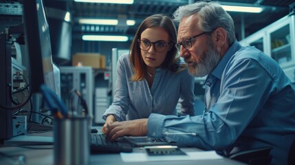 A female manager and a male industrial engineer examining a microchip prototype, discussing its production on a desktop computer in a high-tech factory setting