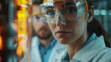 A female manager and a male industrial engineer analyzing a microchip prototype's production data on a desktop computer, in a modern automated electronics factory