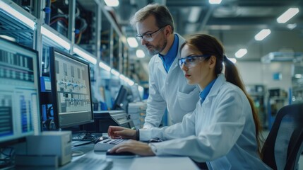 A female manager and a male industrial engineer discussing microchip production on a desktop computer, surrounded by automated machinery in an electronics factory.